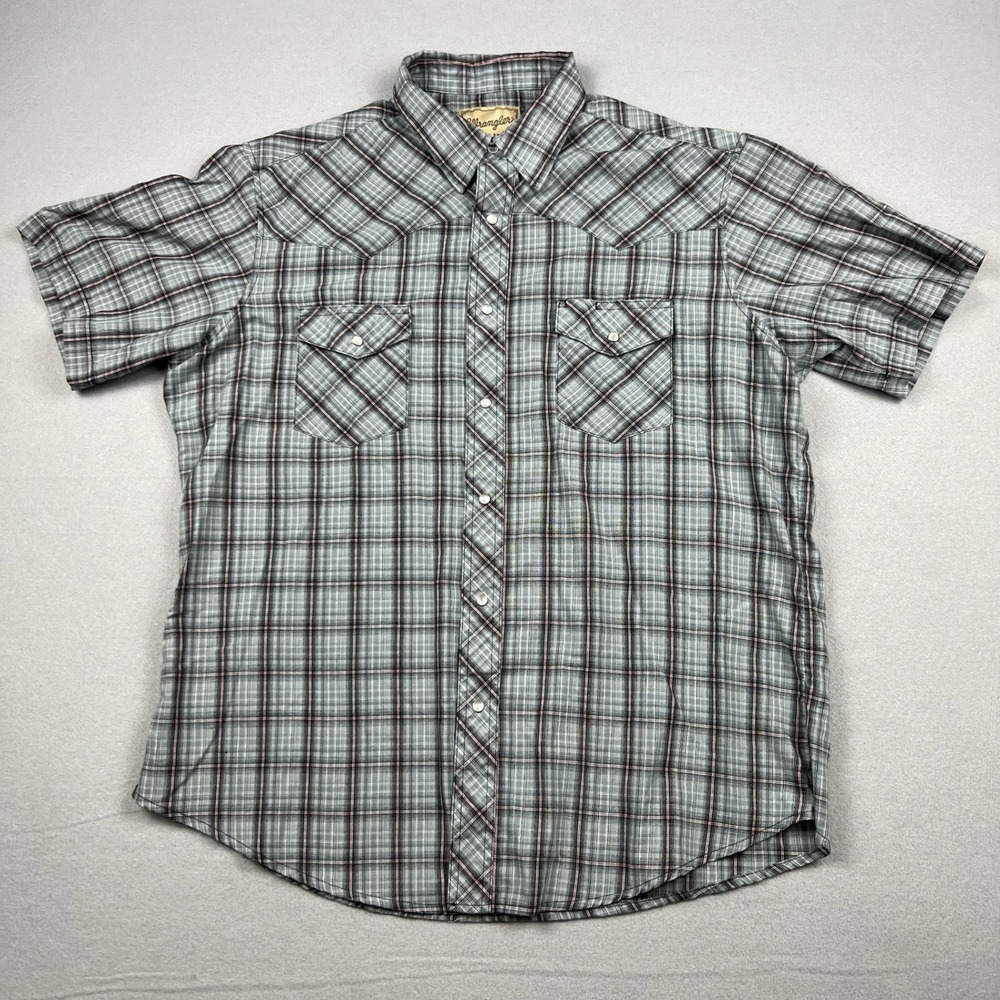 Wrangler Mens XL Grey Plaid Western Pearl Snap Short Sleeve Cowboy Pocket Shirt